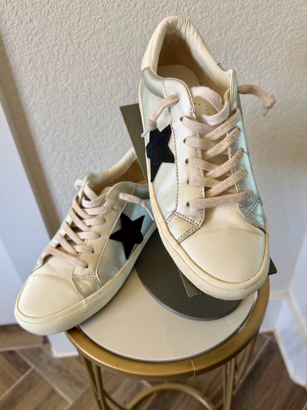 Modern Rush Silver and White Leather Sneakers with Black Star Accent